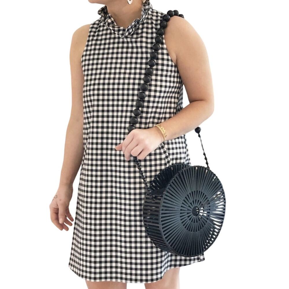 Tyler Boe Black and White Gingham Print Ruffle Neck Tie Back Stella Dress